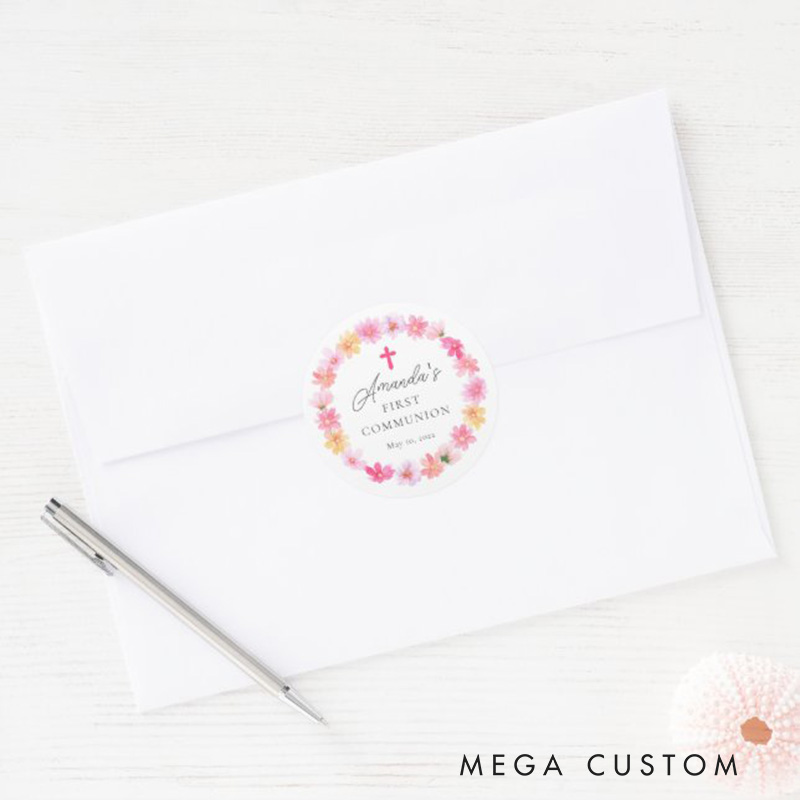 Personalized Delicate Petals Pink Cross Classic Round Sticker with Name and Date Religious Gift First Holy Communion Gift