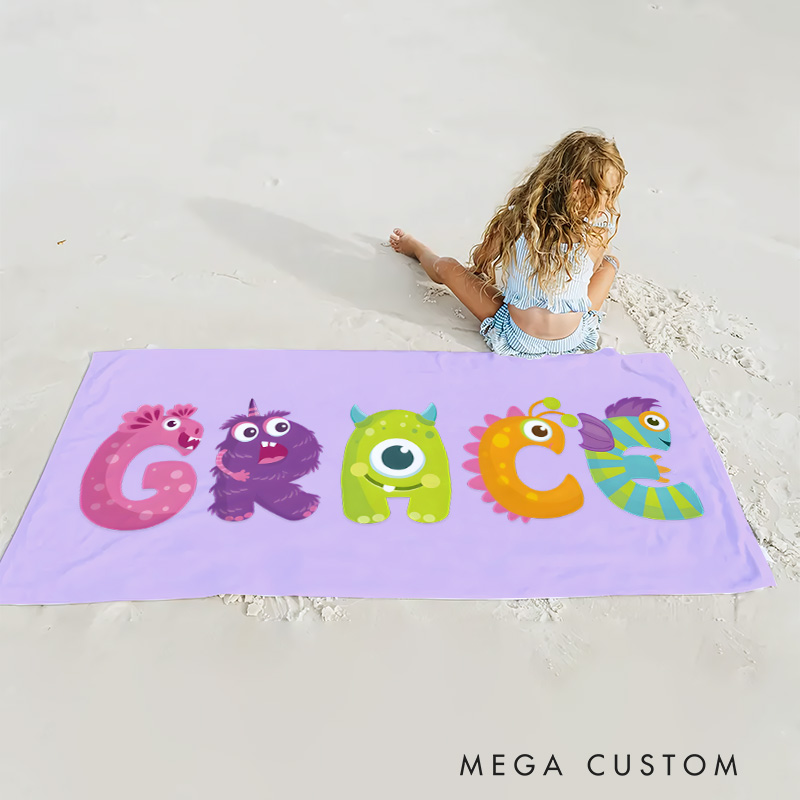 Personalized Multicolor Cartoon Monster Kids with Name Beach Towel Travel Essential Birthday Children's Day Gift for Kids