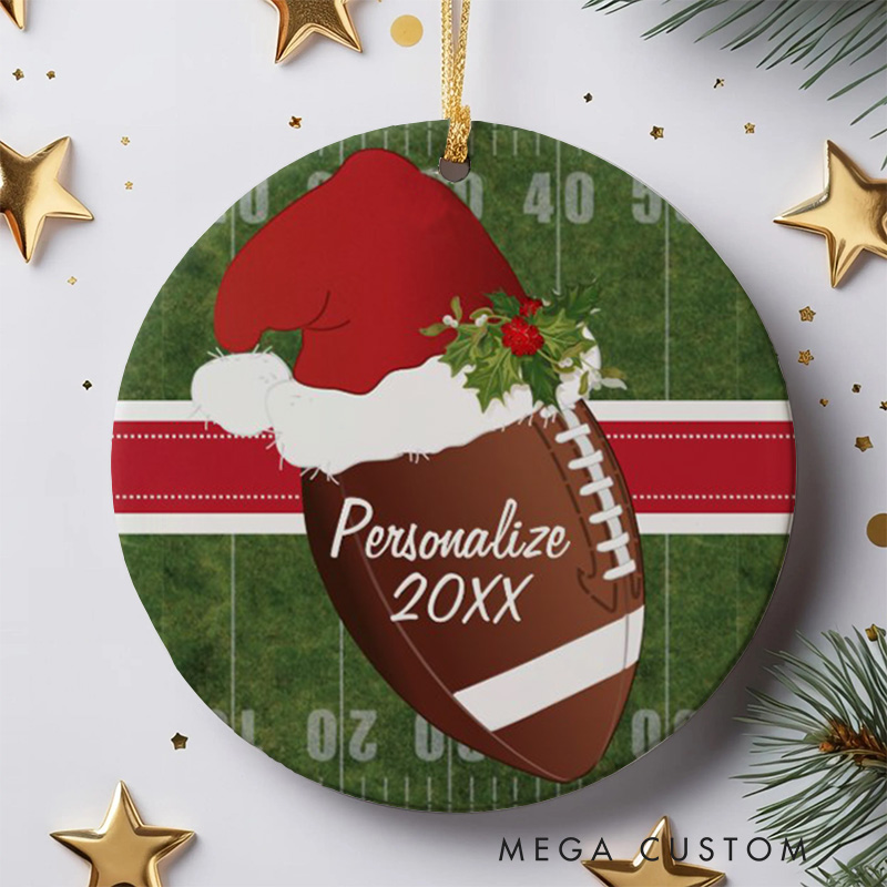 Personalized American Football and Rugby Santa Hat Design Christmas Ornament with Custom Name and Year