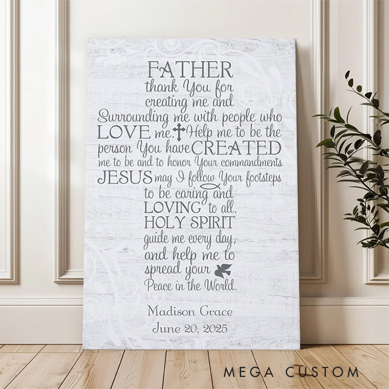 Personalized Thank you for Creating me Cross Frameless Canvas Painting with Name and Date Religious Wall Art Gift for Father