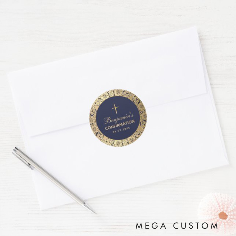 Personalized Boy Confirmation Vintage Gold Roses Navy Blue Classic Round Sticker with Name and Date Religious Gift Confirmation Gift