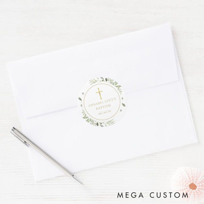Personalized Watercolor Greenery Gold Cross Baptism Christening Classic Round Sticker with Name and Date Religious Gift Baptism & Christening Gift