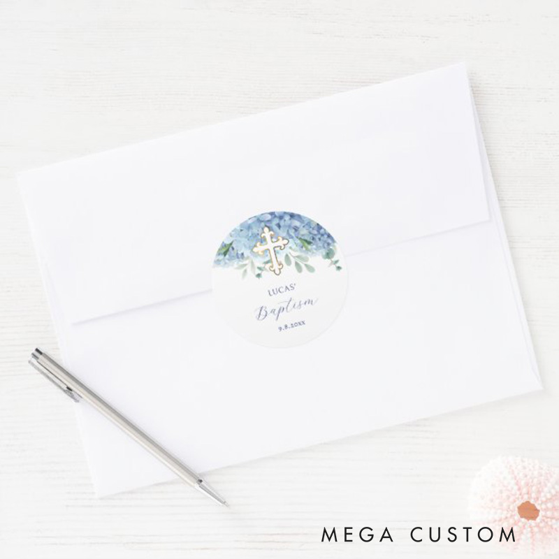 Personalized Blue Hydrangea Gold Cross Baptism Sticker with Name and Date Religious Gift Baptism & Christening Gift