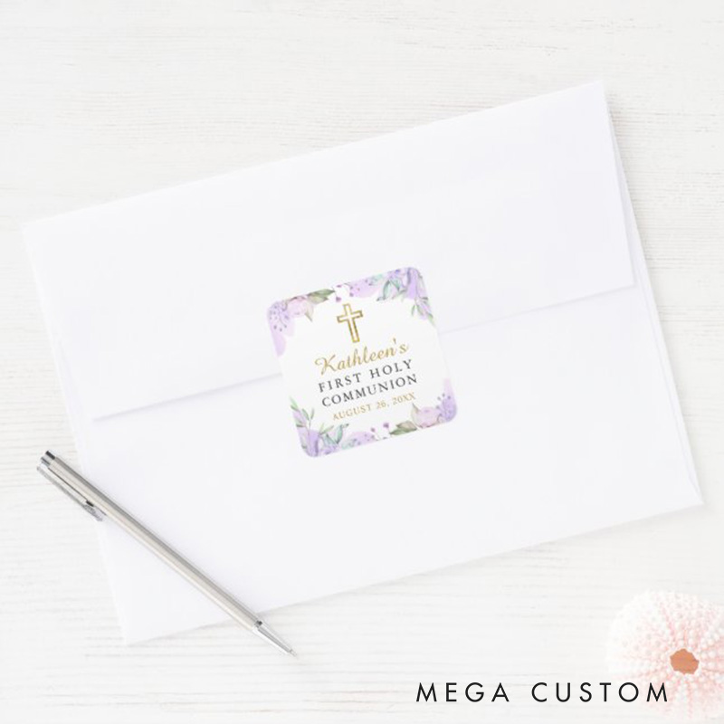 Personalized Watercolor Purple Floral Gold Cross First Holy Communion Square Sticker with Name and Date Religious Gift First Communion Gift