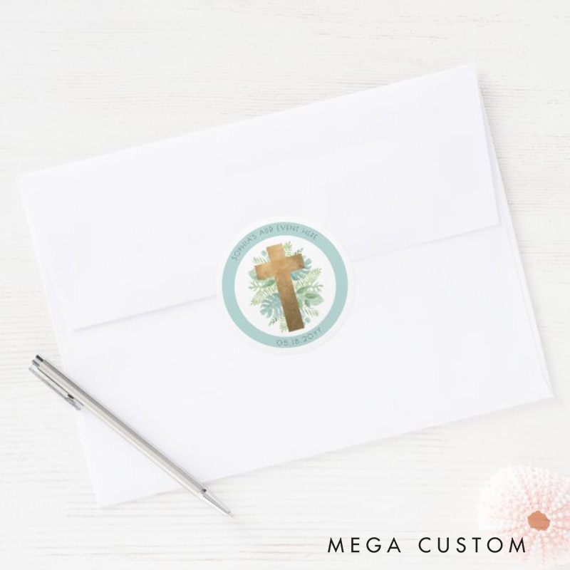 Personalized Religious Event Greenery Cross Envelope Seal Favor Classic Round Sticker with Name and Date Religious Gift