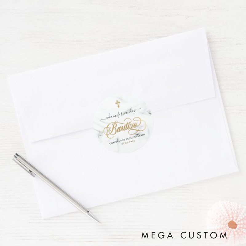 Personalized Spanish De Bautizo Gracias Gold Classic Round Sticker with Name and Date Religious Gift