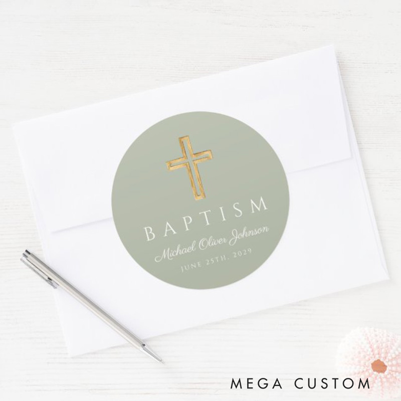 Personalized Elegant Sage Green Religious Cross Baptism Classic Round Sticker with Name and Date Religious Gift Baptism Gift