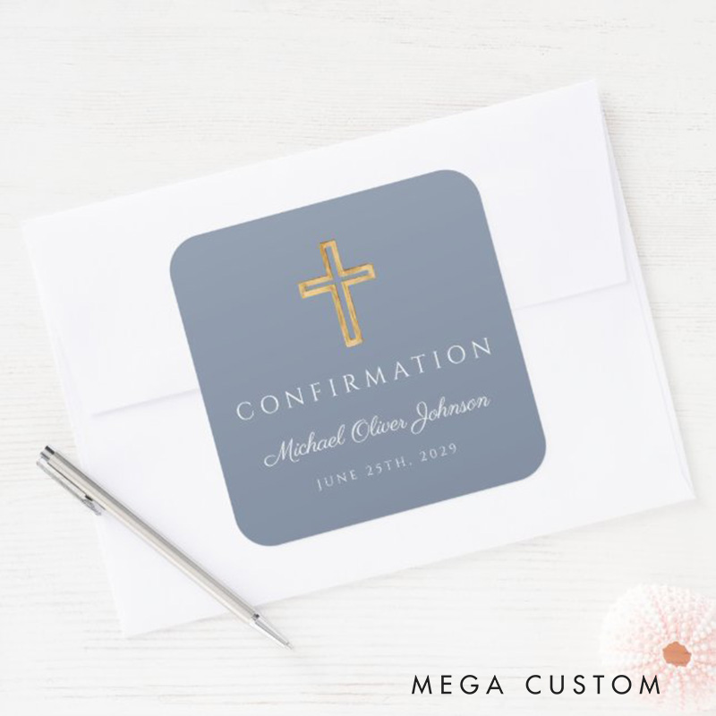 Personalized Modern Dusty Blue Religious Cross Boy Confirmation Square Sticker with Name and Date Religious Gift Confirmation Gift