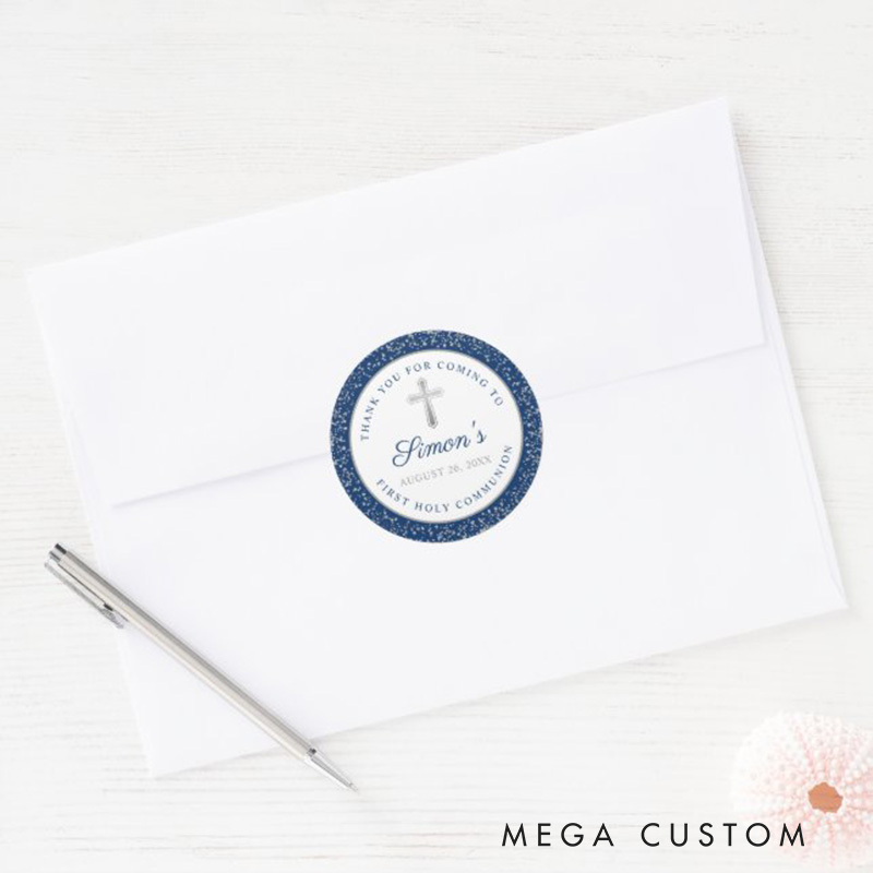 Personalized Silver Glitter Cross Navy Blue First Holy Communion Classic Round Sticker with Name and Date Religious Gift First Communion Gift