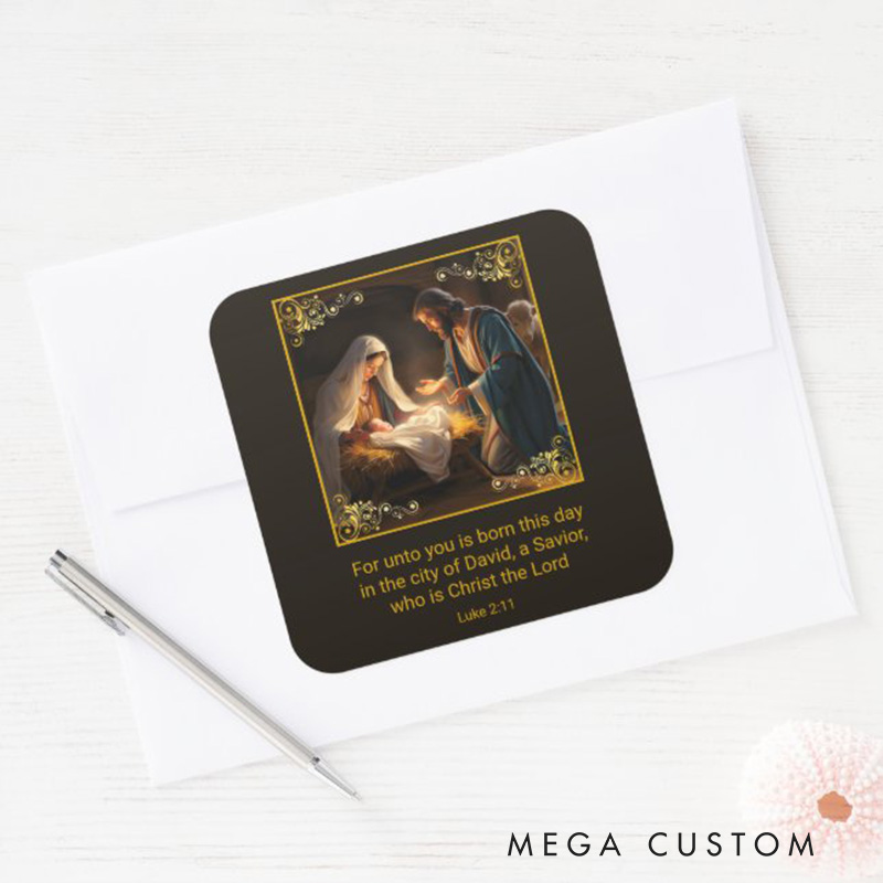 Personalized Christmas Nativity Holy Family Religious Square Sticker with Bible Verse Luke 2:1 Religious Gift Christmas Gift