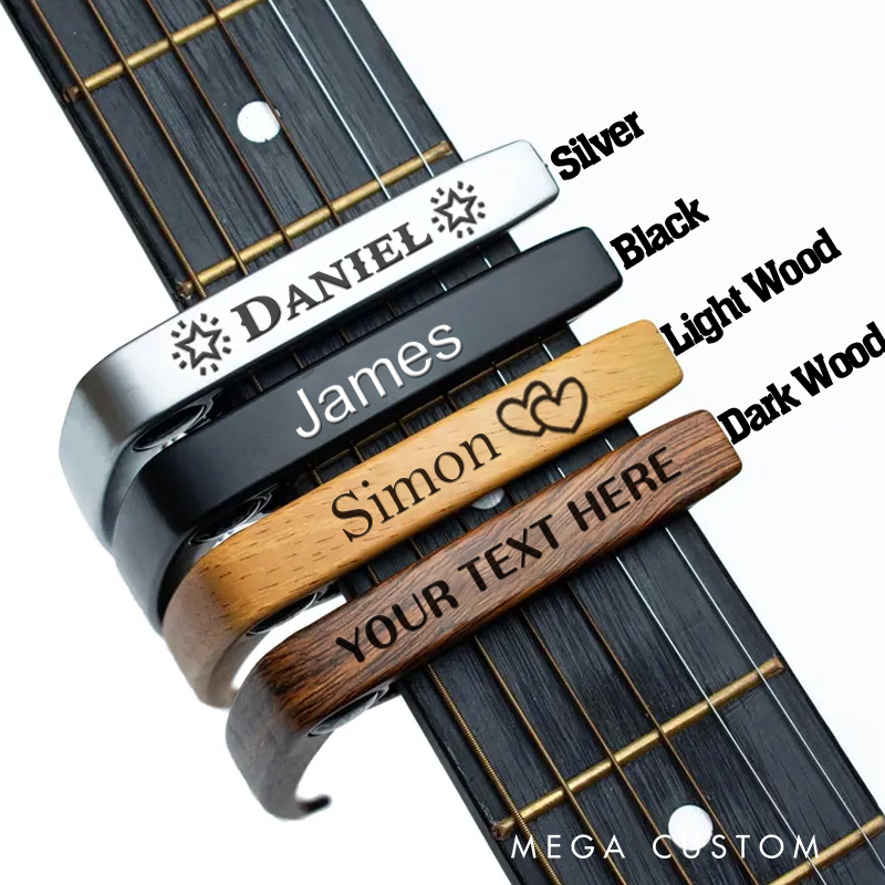 Personalized Metal Guitar Capo With Wood Grain Custom Guitarist Gift and Name or Quote or Date Can Be Engraved