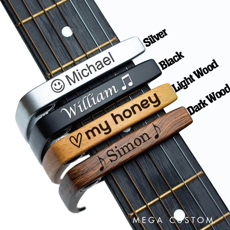 Personalized Metal Guitar Capo With Wood Grain Custom Guitarist Gift and Name or Quote or Date Can Be Engraved