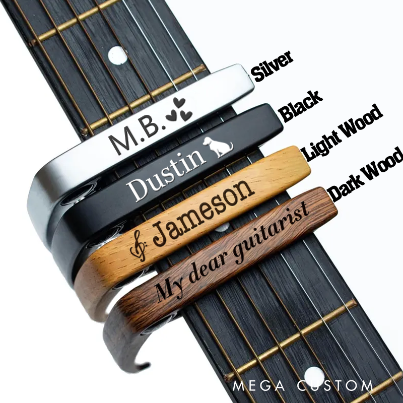 Personalized Wood Grain or Metal Guitar Capo and Musician Gift Idea Guitar Player Gift