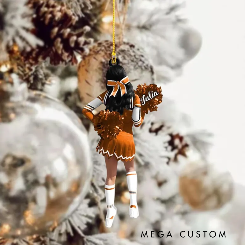 Personalized Cheerleader Christmas Ornament with Custom Name, Outfit Color, and Festive Pom Pom Design