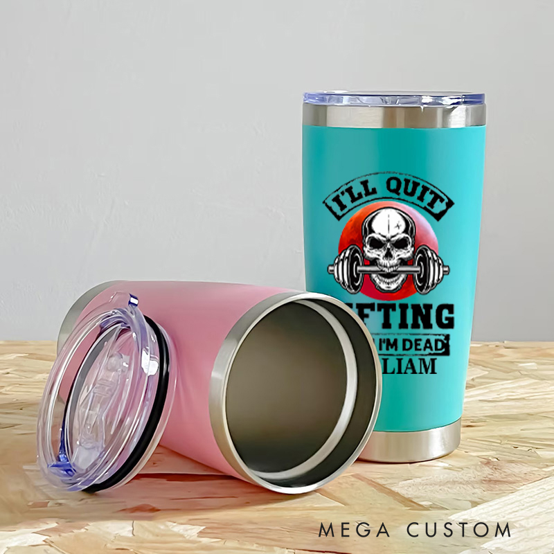 Personalized Fitness Tumbler Coffee Stainless Steel Tumbler with Ill Quit Lifting When Im Dead Skull and Barbell Design for Fitness Enthusiasts Bodybuilders and Gym Lovers