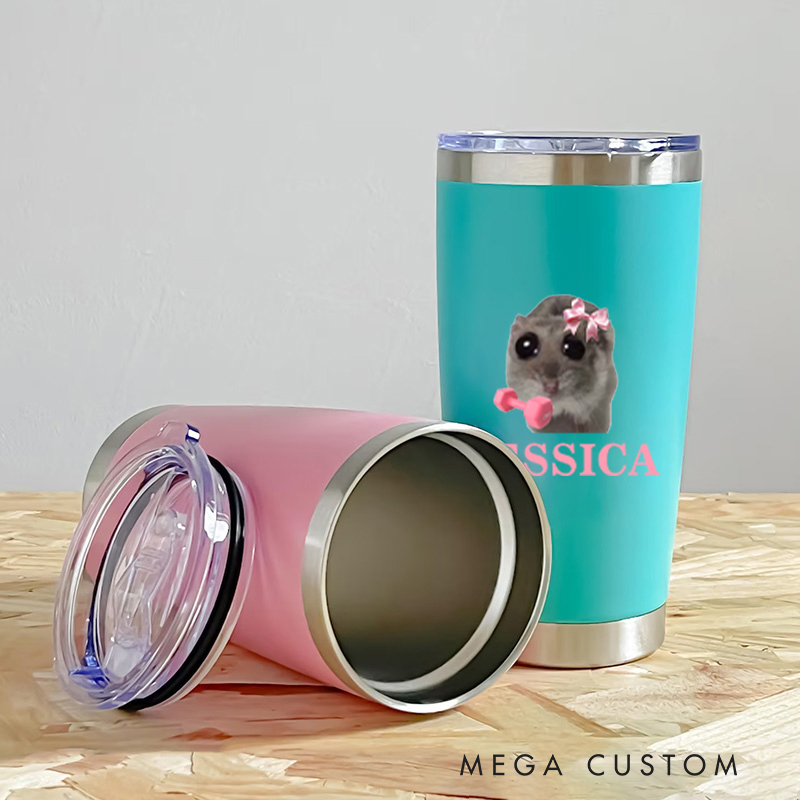 Personalized Fitness Tumbler Coffee Stainless Steel Tumbler with Cute Animal Design Pink Bows for Fitness Enthusiasts Bodybuilders and Gym Lovers
