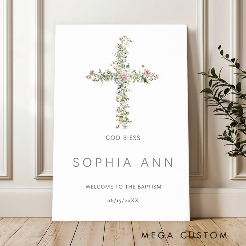 Personalized God Bless Floral Cross Frameless Canvas Painting with Name Religious Wall Art Baptism Gift for Girls