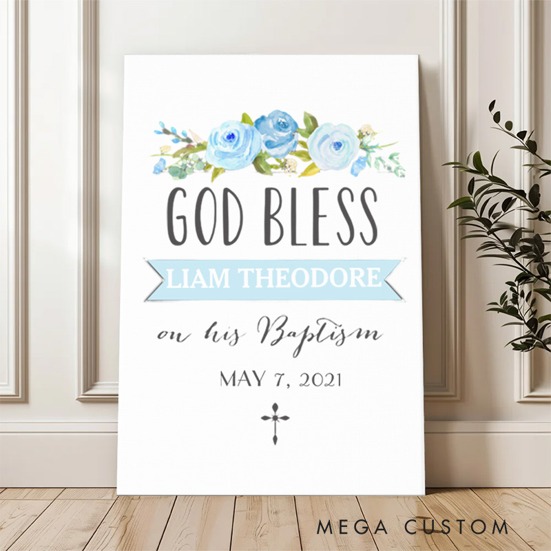 Personalized Blue Rose God Bless Frameless Canvas Painting with Name Religious Wall Art Baptism Gift for Boys