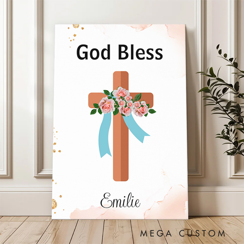 Personalized God Bless Cross Frameless Canvas Painting with Name Religious Wall Art Birthday Gift for Girls
