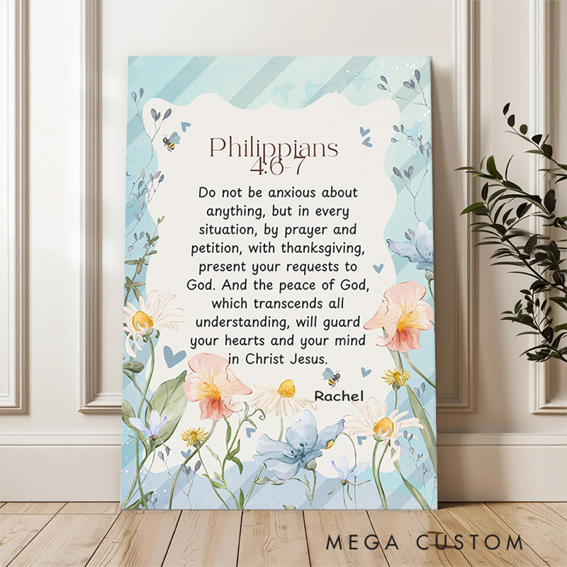 Personalized Philippians 4:6-7 Bible Verse Watercolor Frameless Canvas Painting with Name Religious Wall Art Birthday Gift for Women