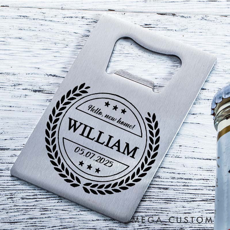 Personalized Housewarming Bottle Opener Custom Stainless Steel Design with Name and Date Perfect for New Home Gifts and First Home Celebrations