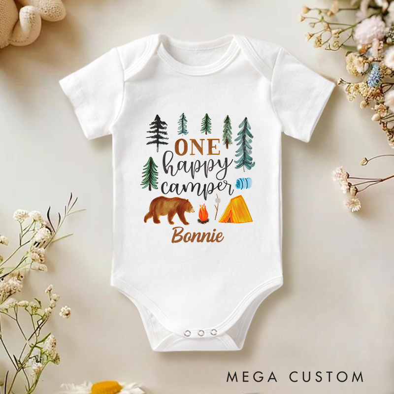 Personalized One Happy Camper Baby Onesie First Birthday Gift