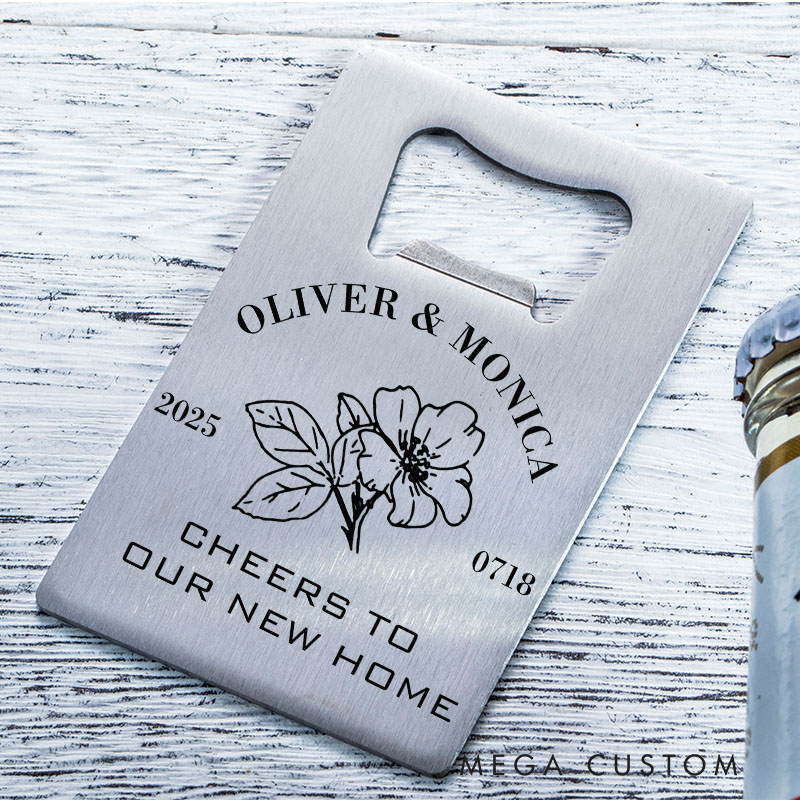 Personalized Credit Card Bottle Opener Custom Housewarming Bottle Opener with Names Date and Floral Theme Perfect for New Home Gifts and Celebrations
