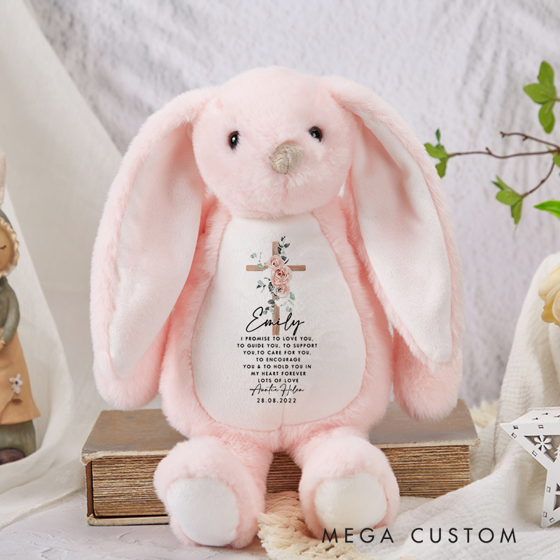 Personalized Stuffed Bunny Plush Toy with Name and Flower Cross Birthday Baptism Gift Christmas and First Communion Gift for Kids