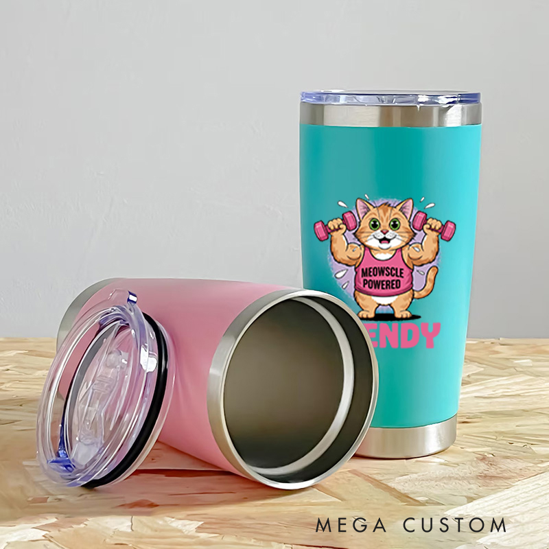 Personalized Fitness Tumbler Coffee Stainless Steel Tumbler with Strong Cat with Dumbbells for Fitness Enthusiasts Bodybuilders and Gym Lovers