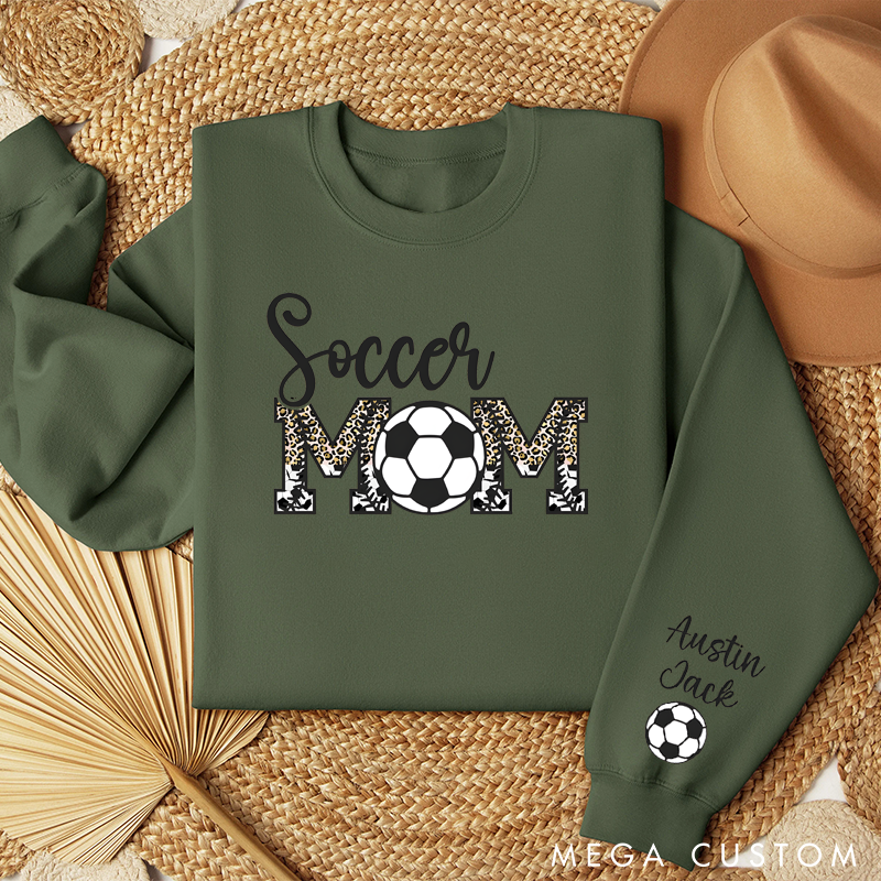 Personalized Soccer Mom Sweatshirt with Custom Names, Soccer Ball Detail, and Stylish Leopard Print Design