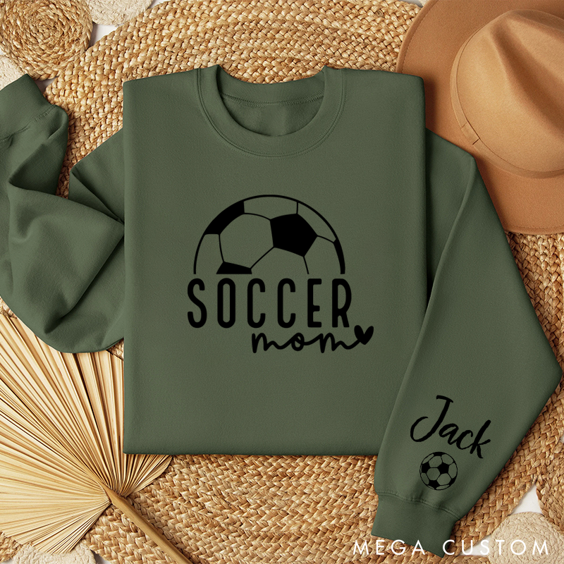 Personalized Pink Soccer Mom Sweatshirt with Custom Name and Heart Graphic Design
