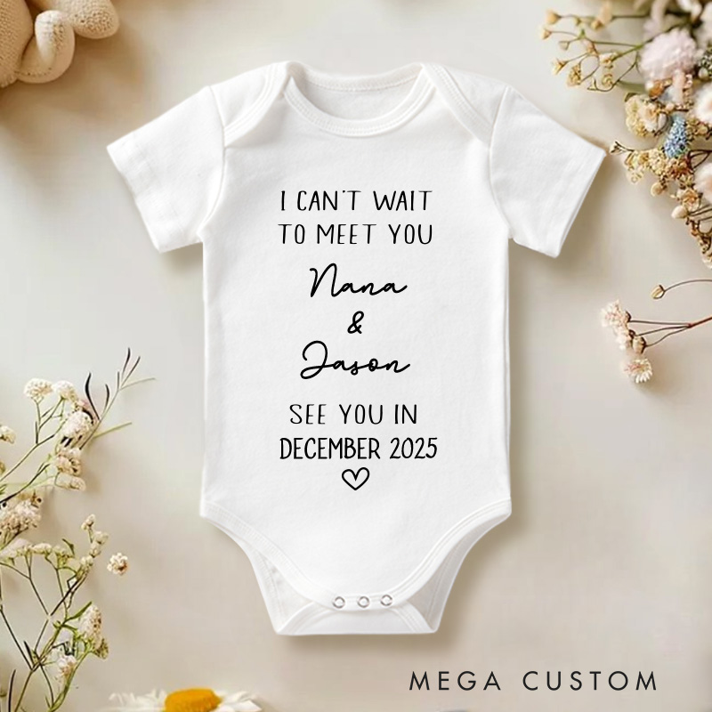 Personalized I Can't Wait To Meet You Baby Onesie Announcement Reveal Gift