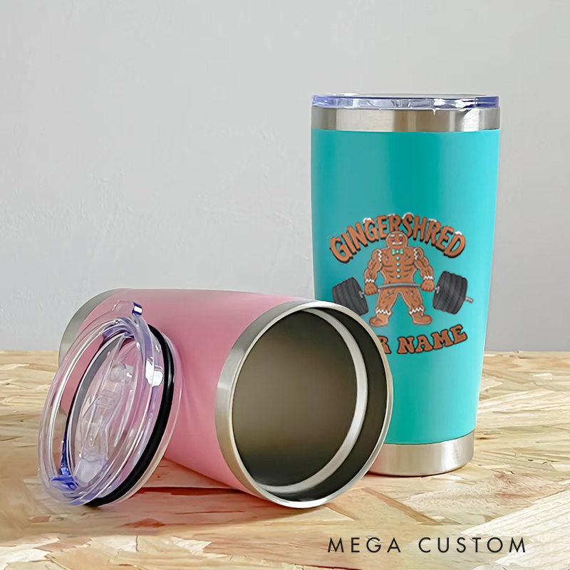 Personalized Fitness Tumbler Coffee Stainless Steel Tumbler with Gingerbread Man Lifting Dumbbells for Fitness Enthusiasts Bodybuilders and Gym Lovers