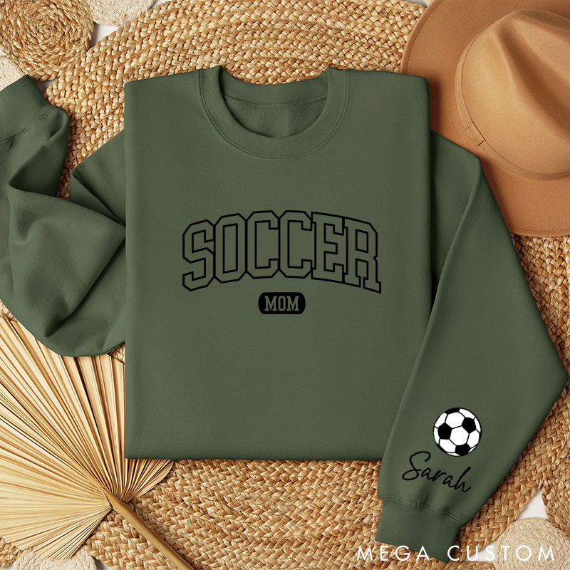 Personalized Pink Soccer Mom Sweatshirt with Custom Name and Soccer Ball Design