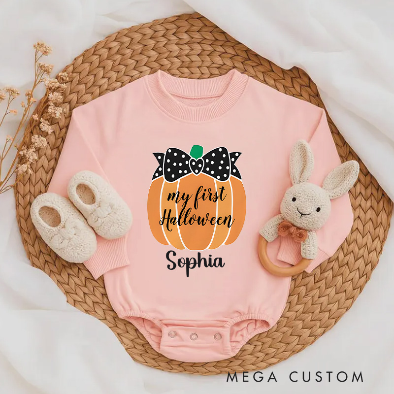 Personalized My First Halloween Pumpkin Baby Bodysuit with Bow Accent