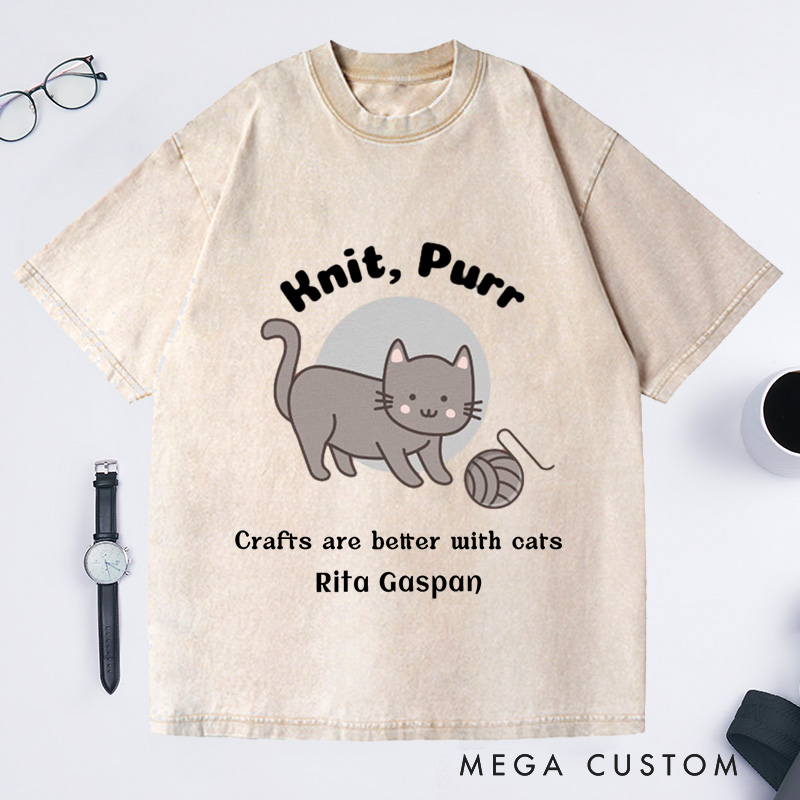 Personalized Funny Knitter Cat Washed T-Shirts Knitting T-Shirt Knitter T Shirt Knit Happens Crafts Kitty Lover Gift