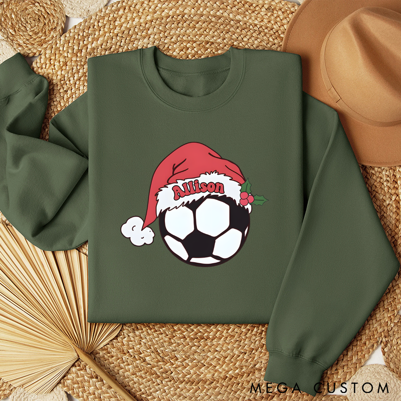 Personalized Christmas Soccer Sweatshirt with Custom Name and Festive Santa Hat Design