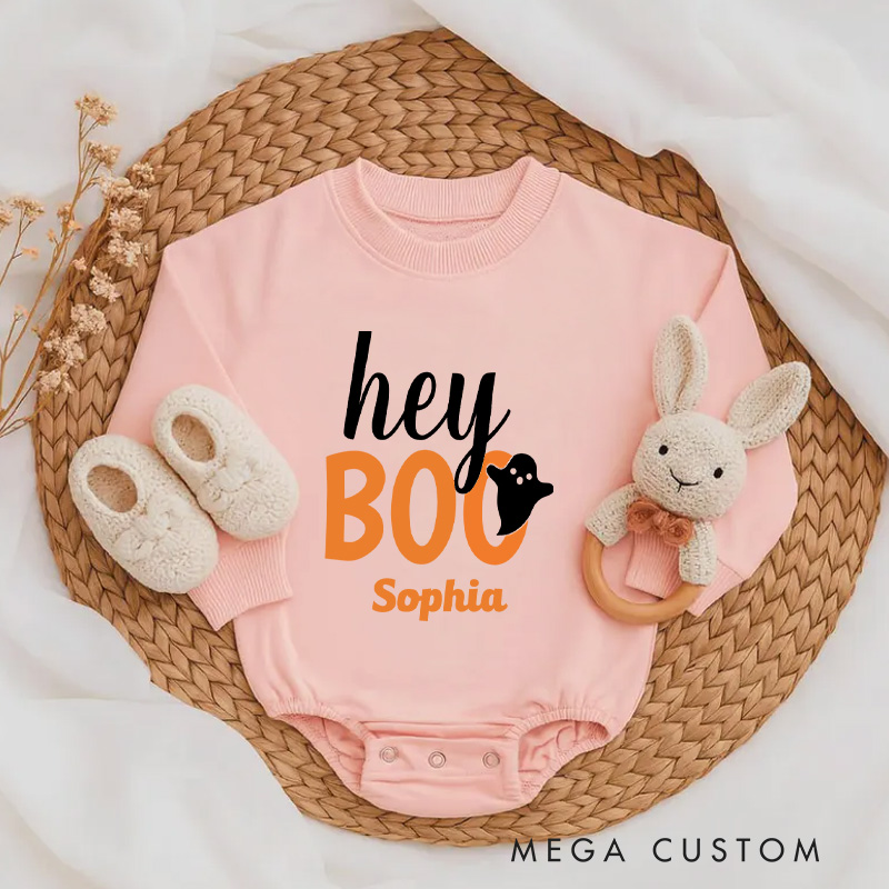 Personalized Hey Boo Orange Black Funny Halloween Ghost Baby Bodysuit