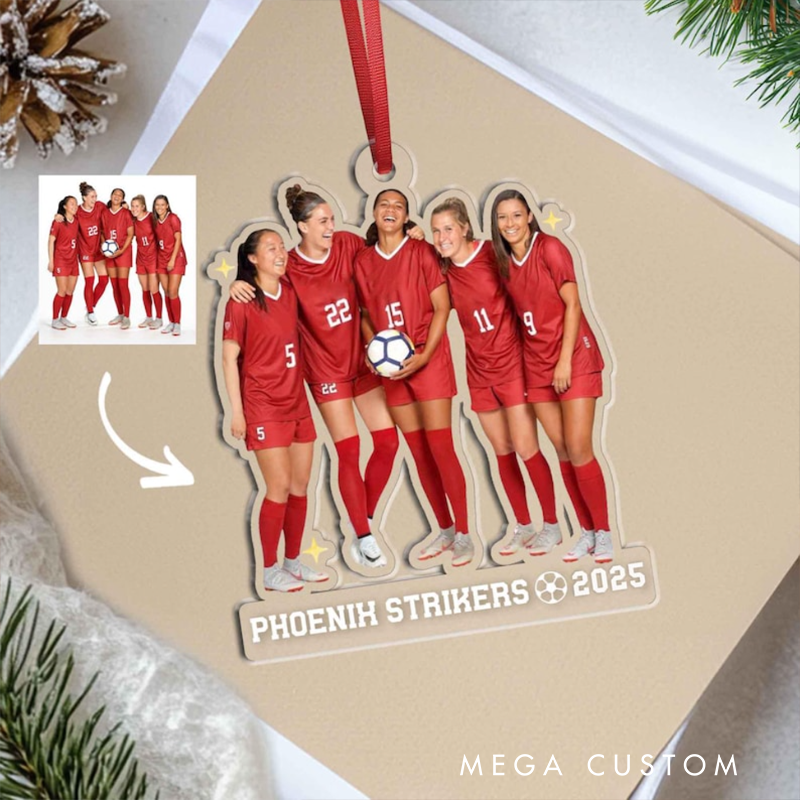 Personalized Soccer Team Photo Ornament with Custom Name and Year Design