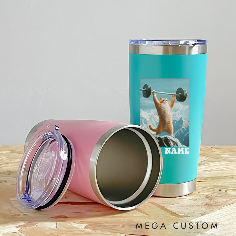 Personalized Fitness Tumbler Coffee Stainless Steel Tumbler with Hilarious Cat Weightlifting on Mountain for Fitness Enthusiasts Bodybuilders and Gym Lovers