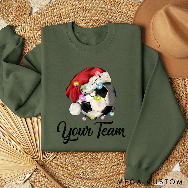 Personalized Christmas Soccer Sweatshirt with Custom Team Name and Festive Santa Hat Design