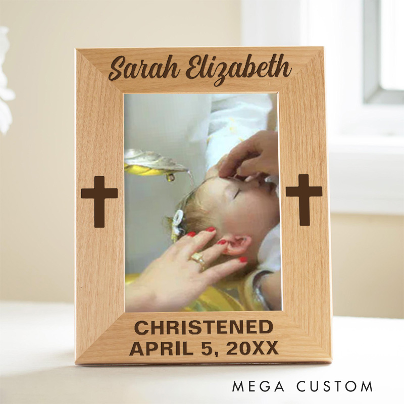 Personalized Baptism Cross Wooden Picture Frame with Name and Date Religious Gift Christian Gift Baptism Gift