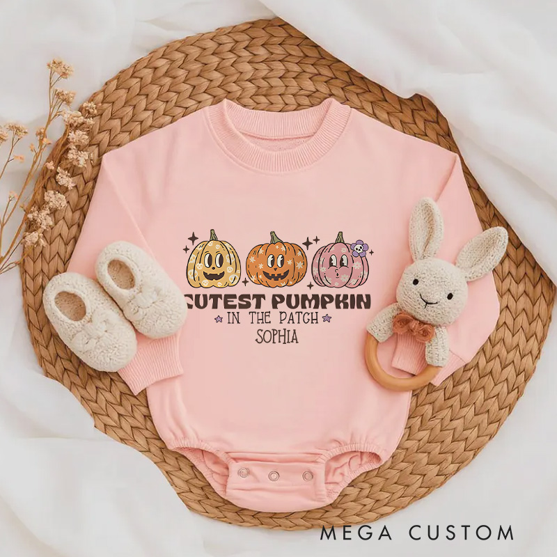 Personalized Cutest Pumpkin in the Patch Baby Bodysuit with Adorable Pumpkin Trio Illustration