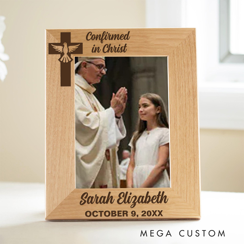 Personalized Cross Dove Confirmed in Christ Confirmation Wooden Picture Frame with Name and Date Religious Gift Christian Gift Confirmation Gift