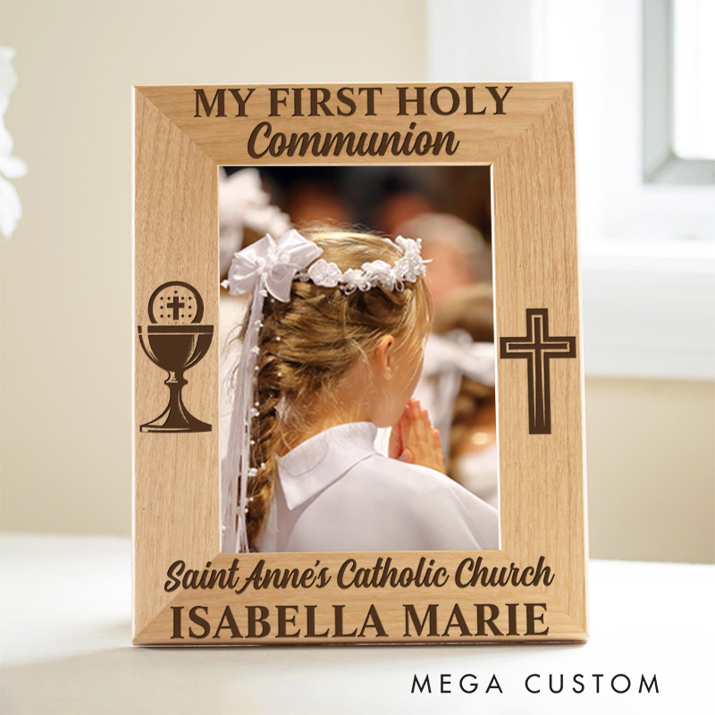 Personalized Cross Chalice Wafer My First Holy Communion Wooden Picture Frame with Name Religious Gift Christian Gift First Communion Gift