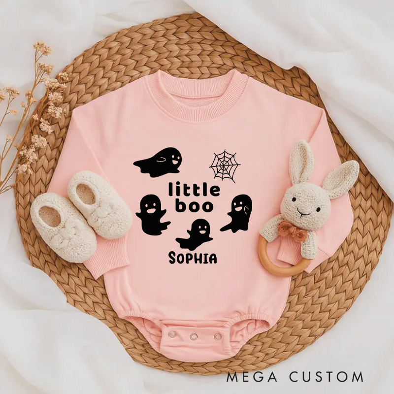 Personalized Little Boo Baby Bodysuit with Playful Ghosts and Spider Web for Halloween Fun