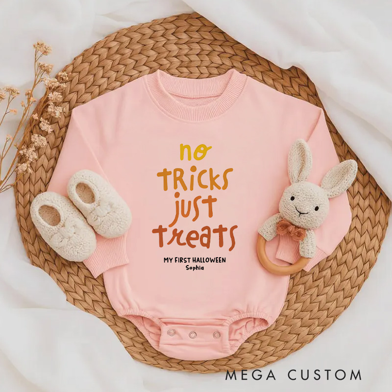 Personalized No Tricks Just Treats Baby Bodysuit Featuring Festive Text and Customizable Name