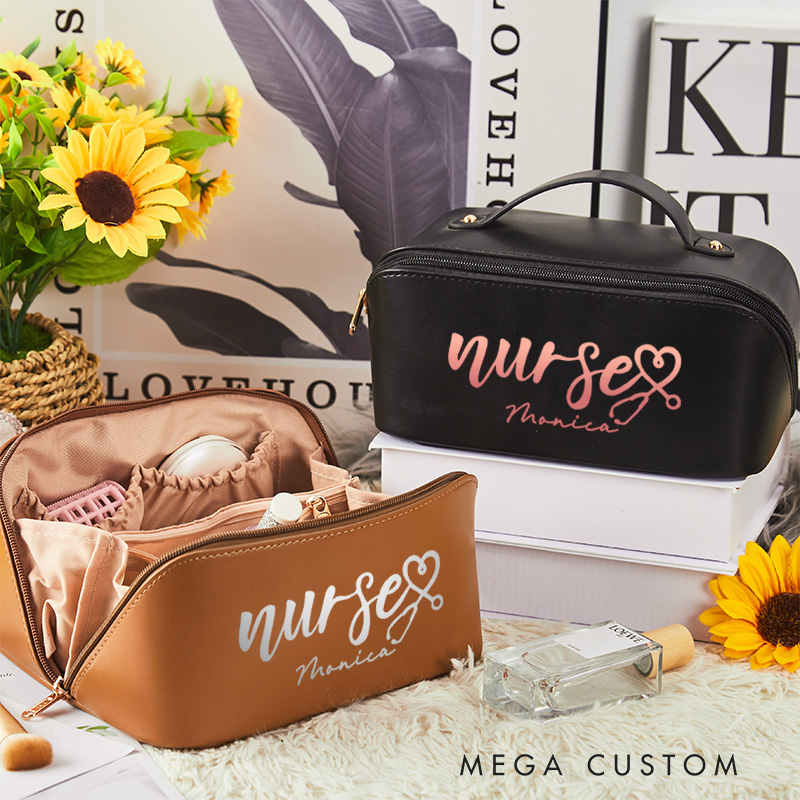 Personalized Leather Cosmetic Bag for Nurse Large Capacity Makeup Bag Leather Storage Organizer Gift