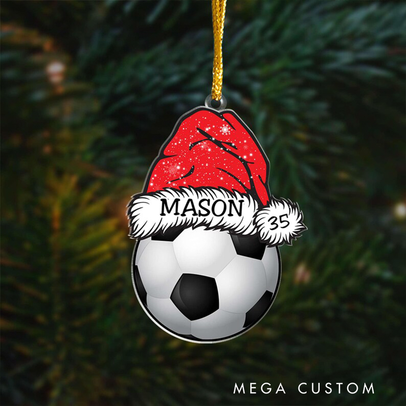 Personalized Soccer Ball Acrylic Christmas Ornament with Custom Name, Number, and Santa Hat Design