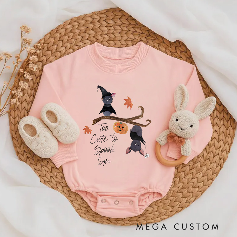 Personalized Too Cute to Spook Baby Bodysuit Featuring Adorable Bats and Pumpkins for Halloween
